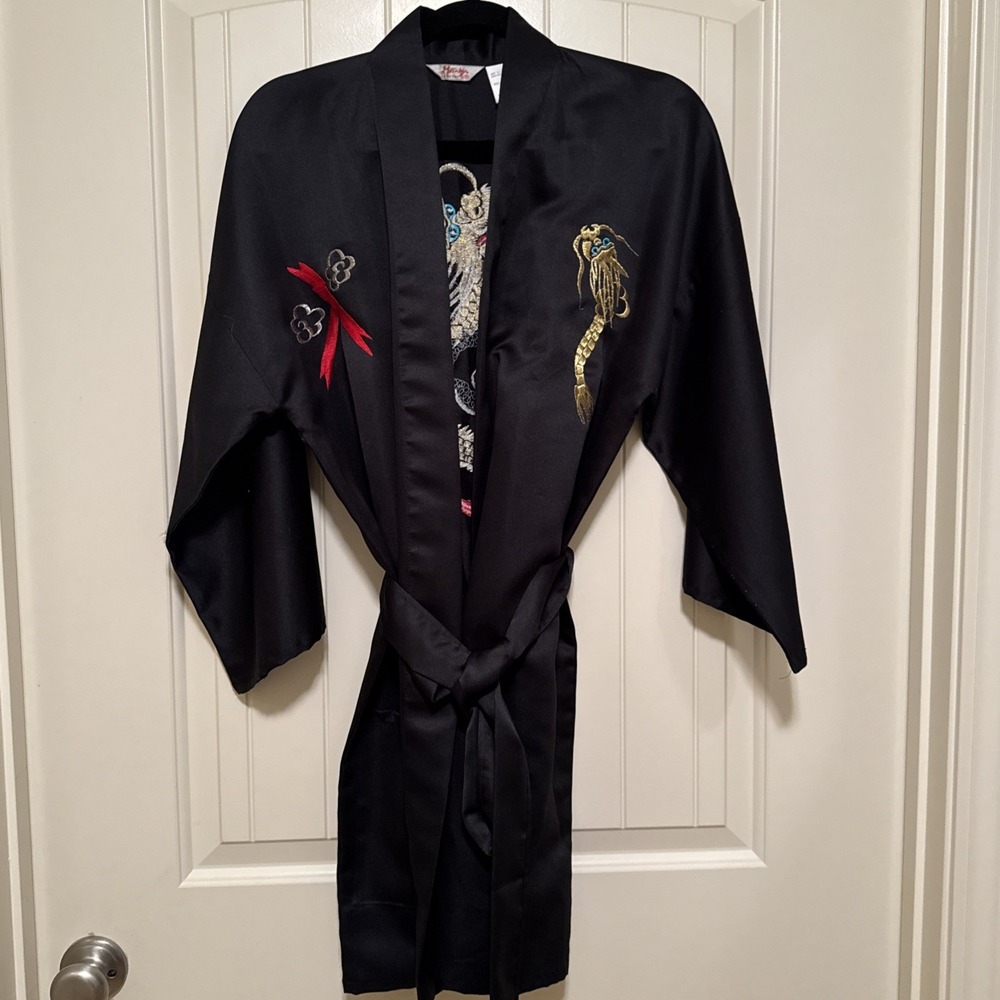 Vintage Marukyo Kyoto Tokyo Dragon Embroidered Black Kimono Robe Japan 35" VGUC